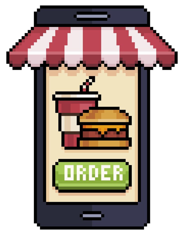 Vetor pixel art celular pedindo hambúrguer e refrigerante no ícone de vetor de aplicativo de comida para jogo de 8 bits