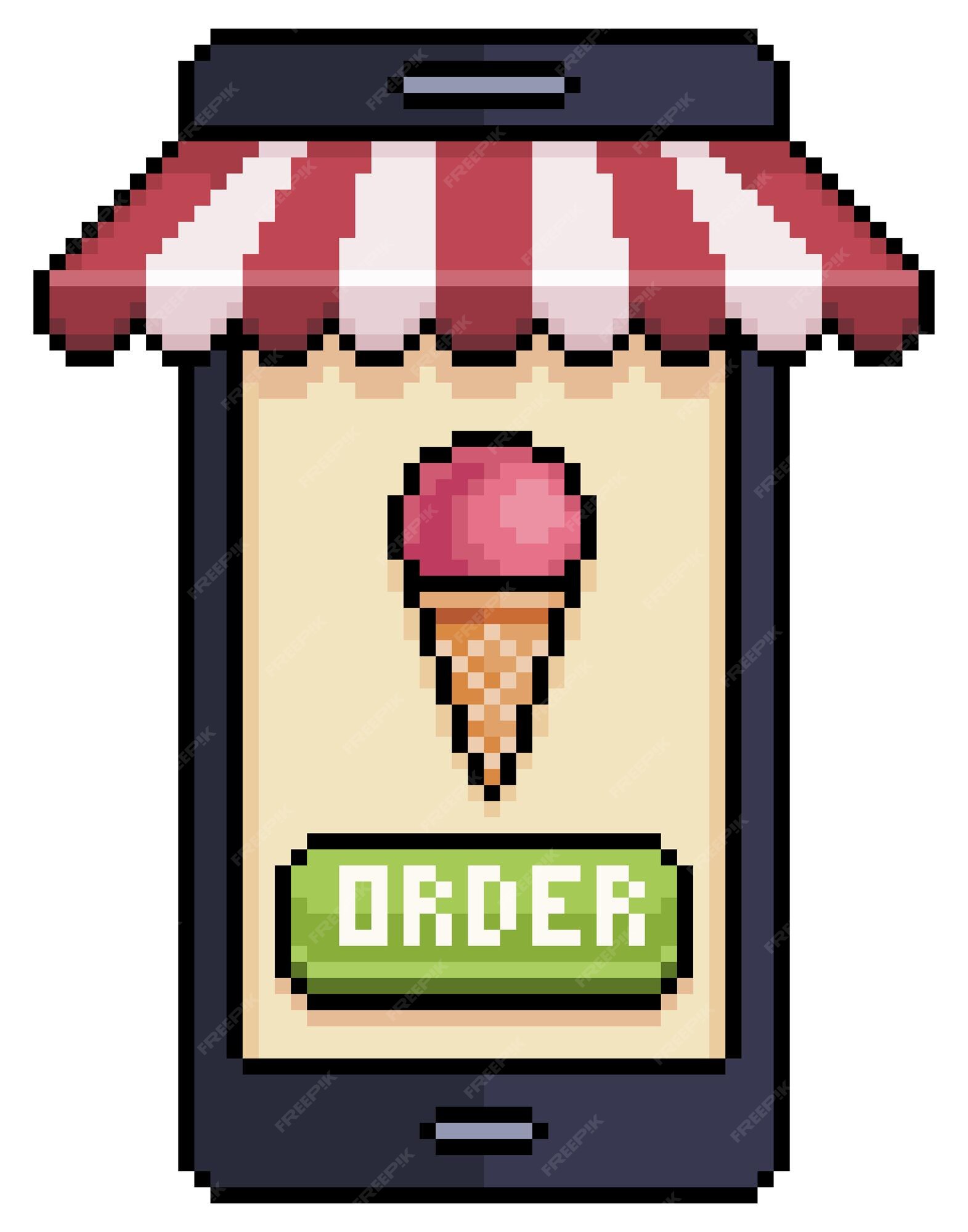 Pixel art celular pedindo sorvete no ícone de vetor de aplicativo de comida  para jogo de 8 bits em fundo branco