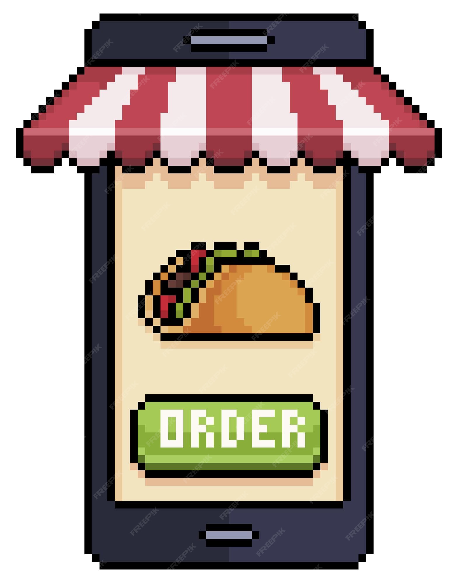 Pixel art celular pedindo taco mexicano no ícone vetorial de aplicativo de  comida para jogo de 8 bits