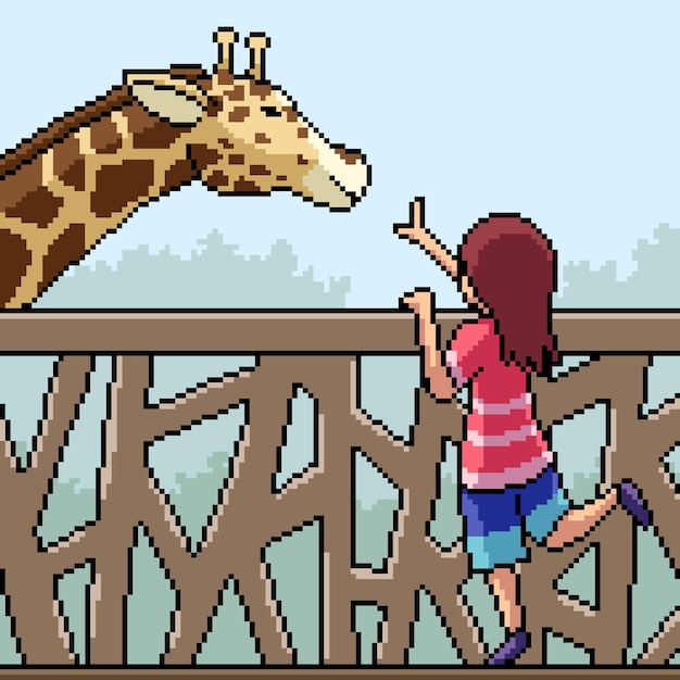 Pixel art cena infantil brincando com girafa