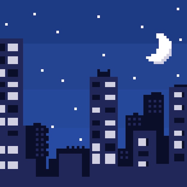 Pixel art cidade noturna com paisagem céu nuvens cidade silhueta estrelas e lua vetor