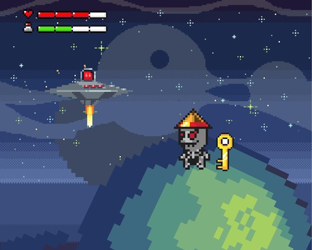 Pixel art com fundo de paisagem ao ar livre cena colorida de arcade de pixel para design de jogos localização de jogos com personagens de fantasia alienígenas e objeto voador não identificado jogo de computador plataforma pixelizada