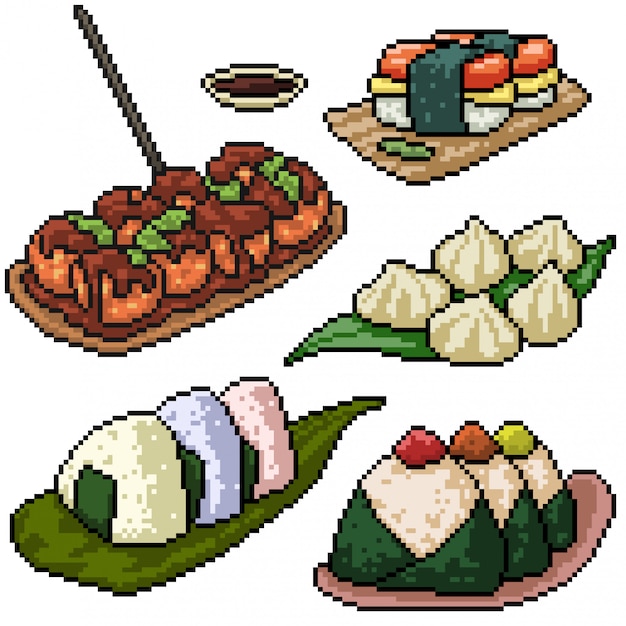 Vetor pixel art com sushi japonês isolado