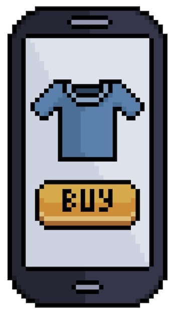 Pixel art compra roupas pelo ícone de vetor de telefone para jogo de 8 bits em fundo branco