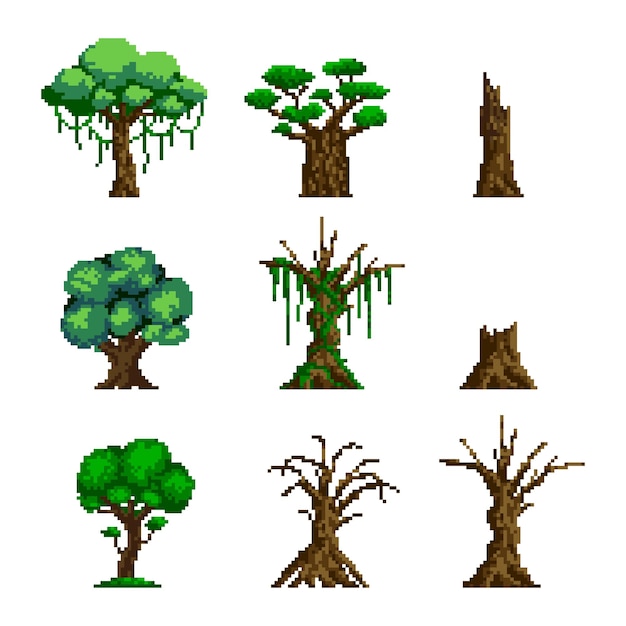 Vetor pixel art conjunto de árvores tropicais árvores secas e tocos 8 bits isolados no fundo