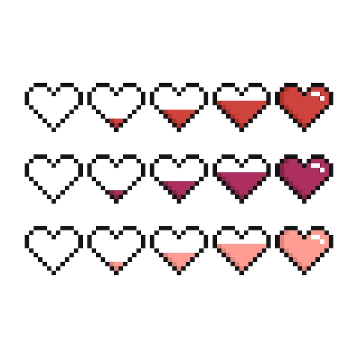 Vetor pixel art conjunto de corações em um fundo branco