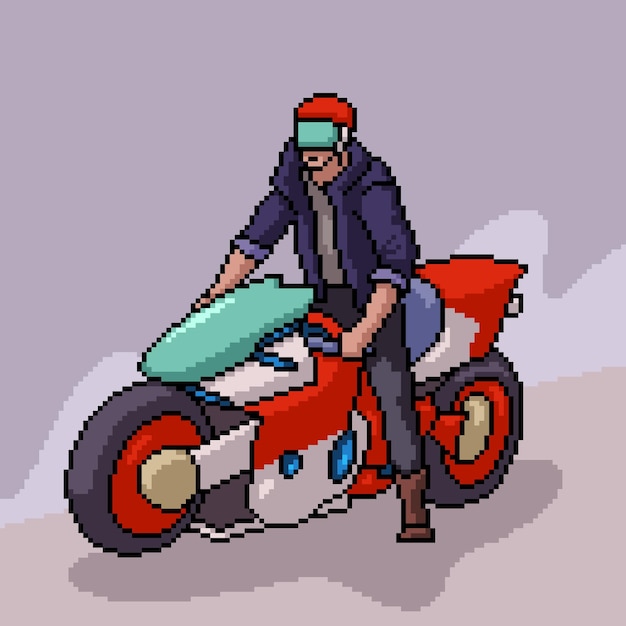 Pixel art da ilustração de um motociclista legal