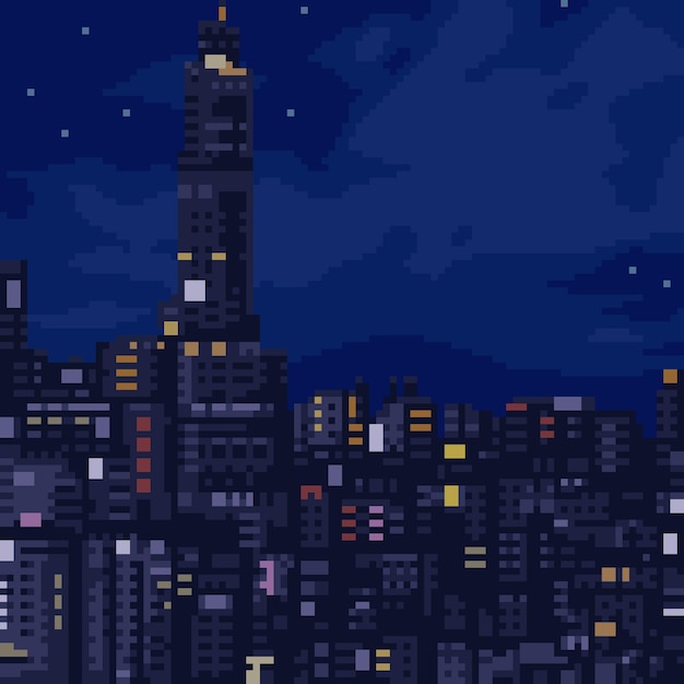 Vetor pixel art da visão noturna da cidade