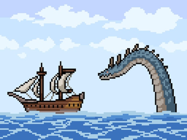 Pixel art de monstro marinho perseguindo navio
