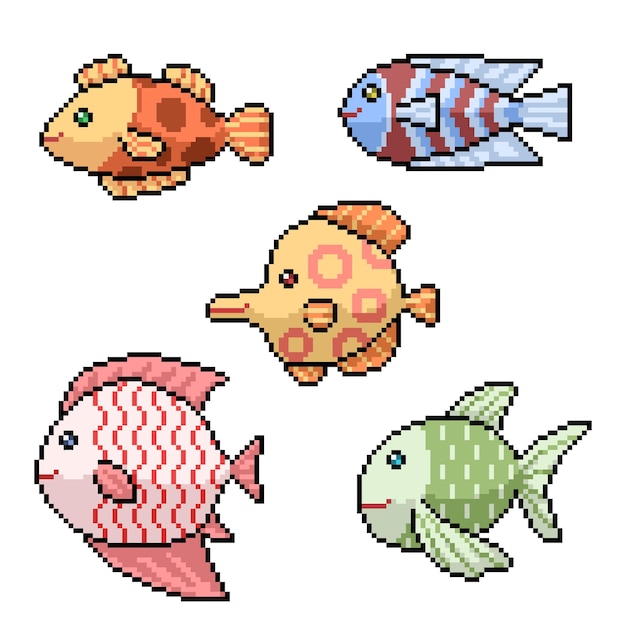 Pixel art de peixes coloridos