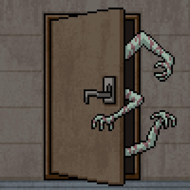 Pixel art de porta fantasma com a mão aberta