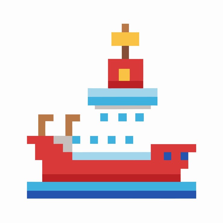 Vetor pixel art de um navio vermelho e azul com elementos de design retro