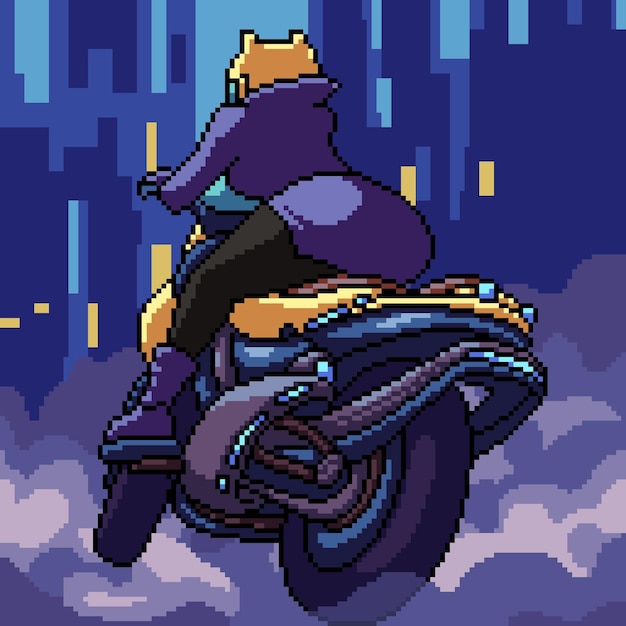 Pixel art de uma motociclista cyberpunk