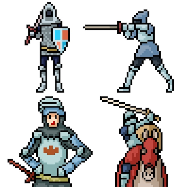 Pixel art definido como cavaleiro medieval isolado