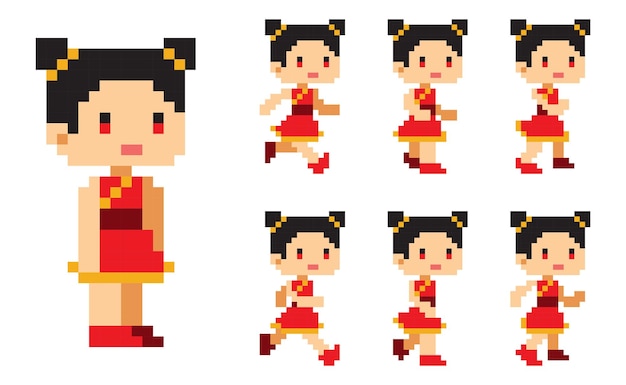 Vetor pixel art garota chinesa personagem executar animação