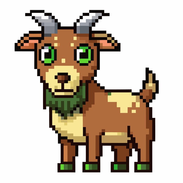 Vetor pixel art goat com olhos e chifres verdes em estilo retrô de 8 bits