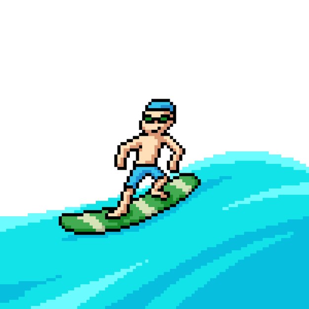 Pixel art man jogar prancha de surf