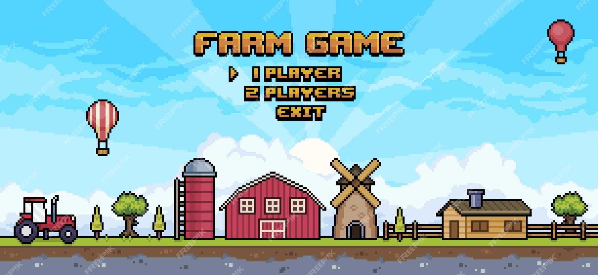 Pixel art menu do jogo farm 8bit paisagem da tela inicial do jogo com trator,  casa, celeiro, moinho, silo, árvore