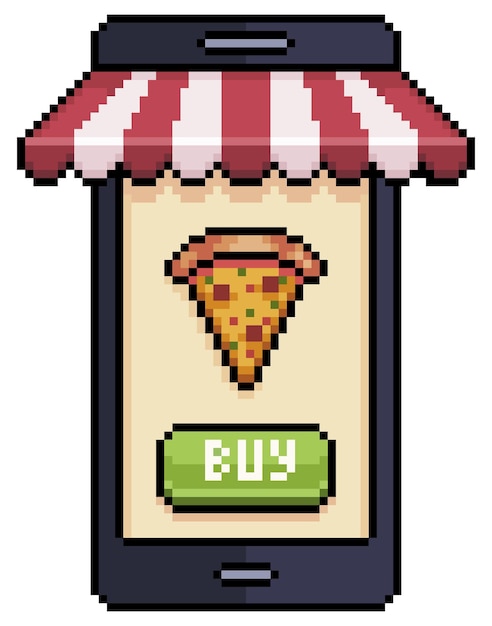 Pixel art mobile com aplicativo de pizzaria. telefone celular com ícone  vetorial de toldo de loja para jogo de 8 bits