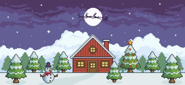 Pixel art paisagem de natal à noite com casa vermelha, árvore de natal, fundo de jogo de boneco de neve 8 bits