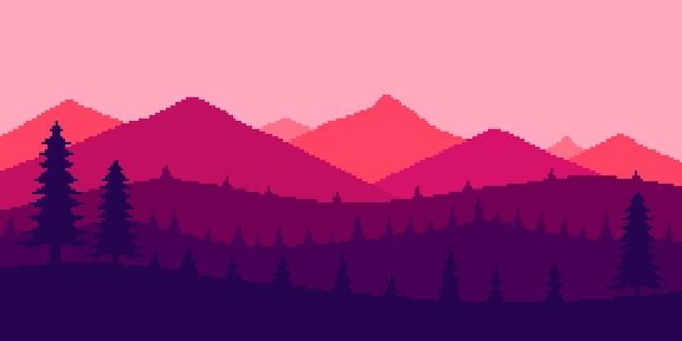 Vetor pixel art paisagem floresta nas montanhas ao pôr do sol com fundo minimalista de 8 bits