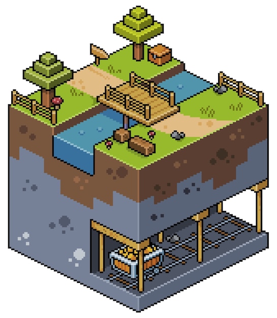 Pixel art paisagem isométrica com árvores ponte lago mina jogo de