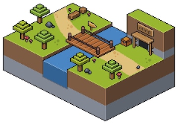 Pixel art paisagem isométrica, com ponte, árvores, grama, rio