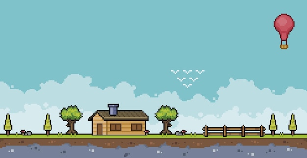 menu de jogo de fazenda de pixel art. paisagem da tela inicial do jogo de 8  bits com trator, casa, celeiro, moinho, silo, árvore, fundo de cerca  11484046 Vetor no Vecteezy