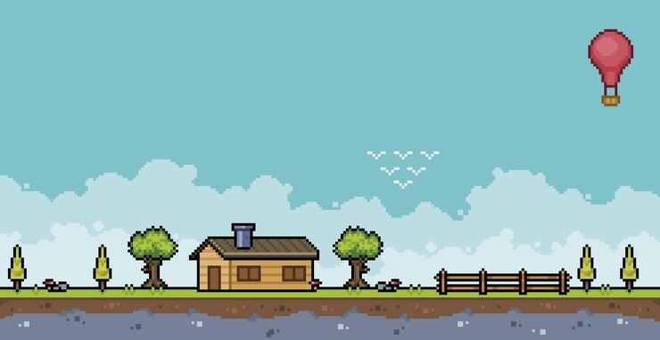 Vetor pixel art paisagem rural. fazenda com casa, cerca e árvores fundo de jogo de 8 bits