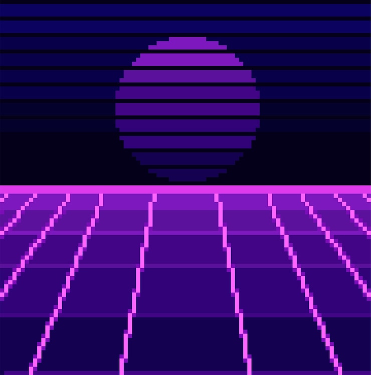 Vetor pixel art retro wave scifi background com nascer ou pôr do sol pixel art 80s pixel art jogo de 8 bits
