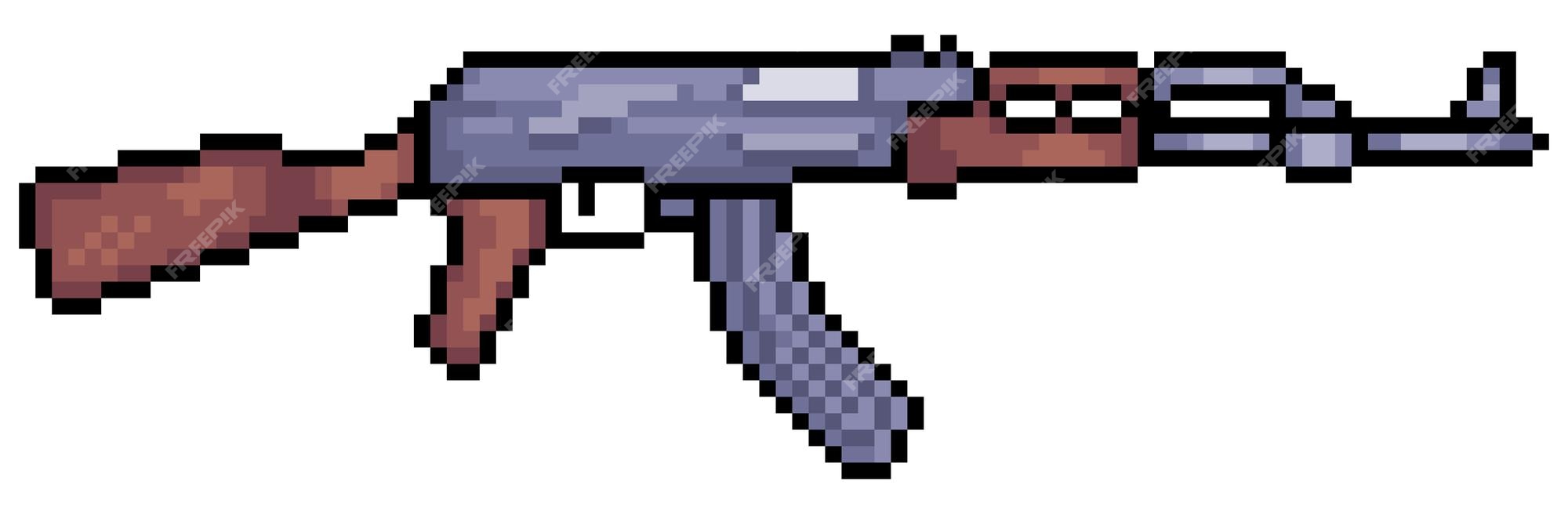 Pixel art rifle ak 47 ícone de vetor de arma de fogo para jogo de 8 bits em  fundo branco