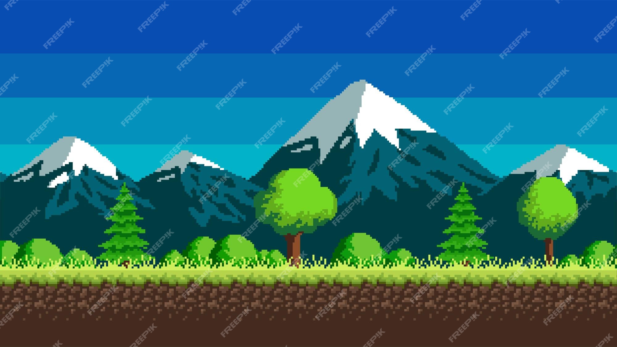 Paisagem sem costura fundo com montanhas pixel vetor(es) de stock