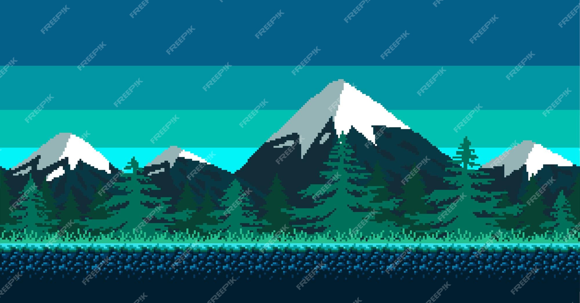 Paisagem sem costura fundo com montanhas pixel vetor(es) de stock