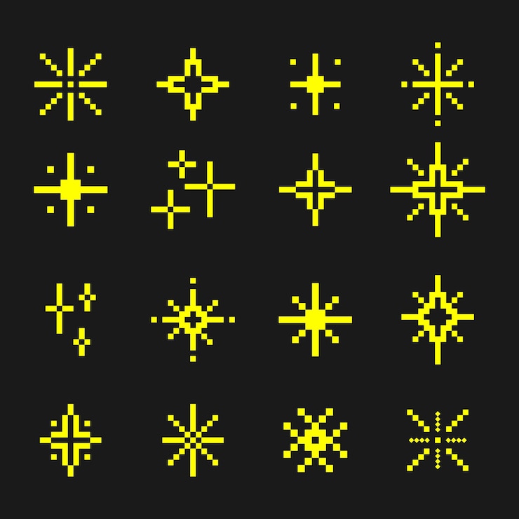 Vetor pixel art sparkles e ícones de explosão de luz definidos em fundo escuro pixel symbols vector