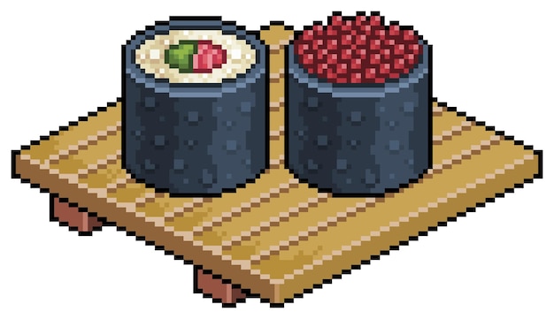 Vetor pixel art tekka maki, ikura maki na placa de madeira para ícone vetorial de sushi para jogo de 8 bits
