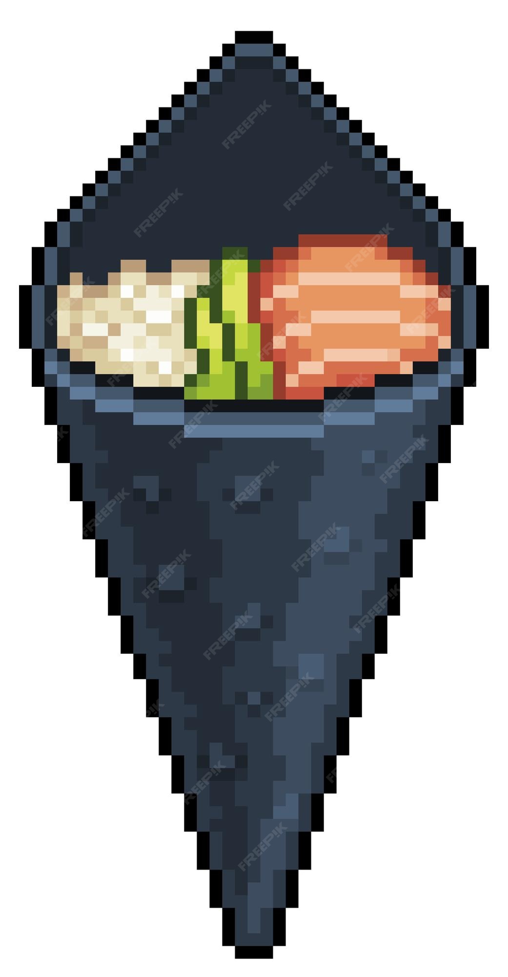 Pixel art temaki sushi, ícone vetorial de comida japonesa para jogo