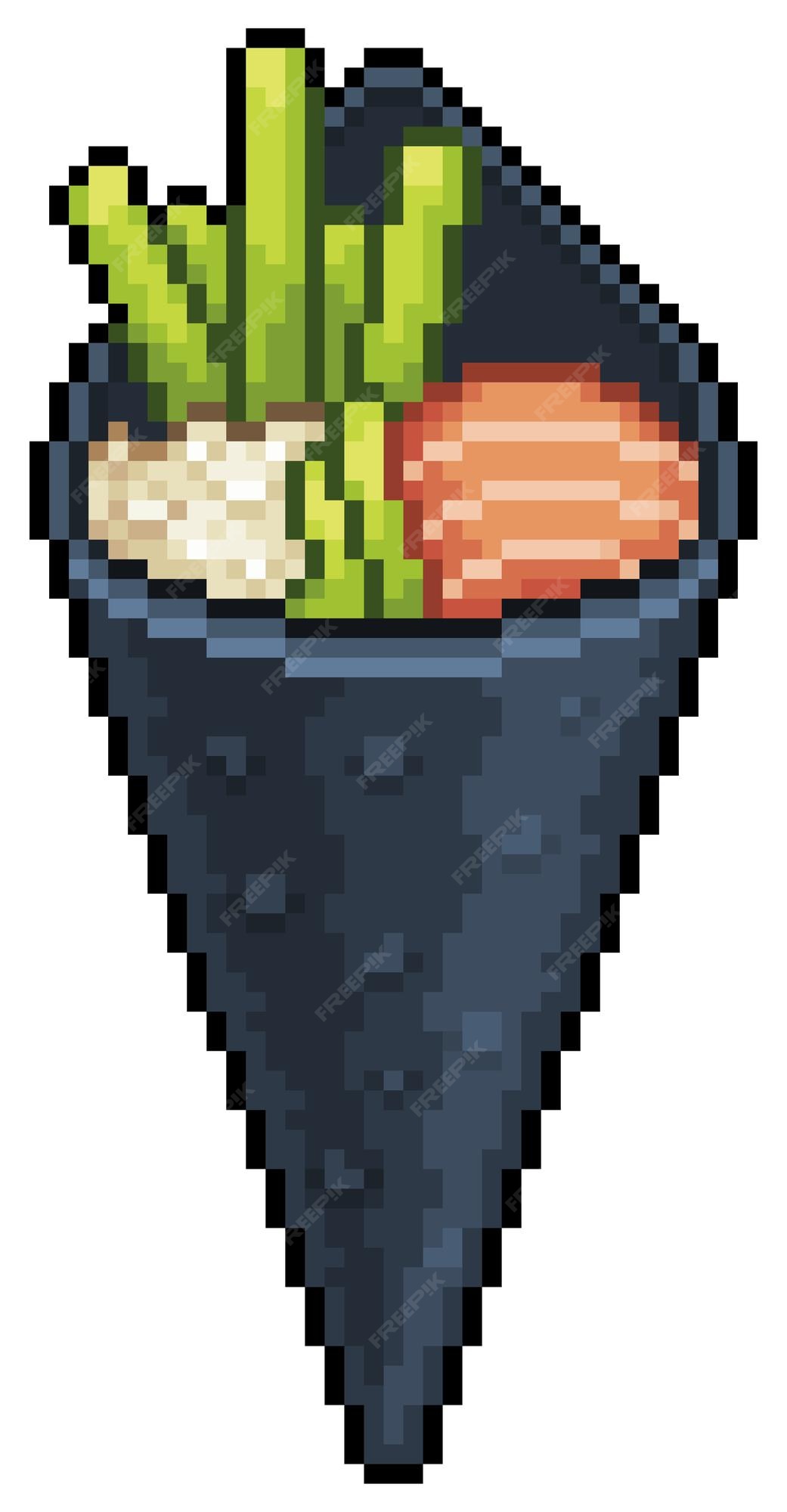 Pixel art temaki sushi, ícone vetorial de comida japonesa para