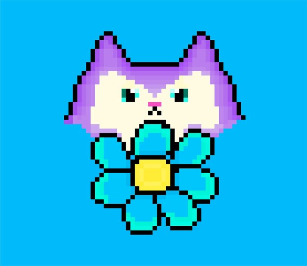 Pixel bonito gato roxo gordo com logotipo de flor