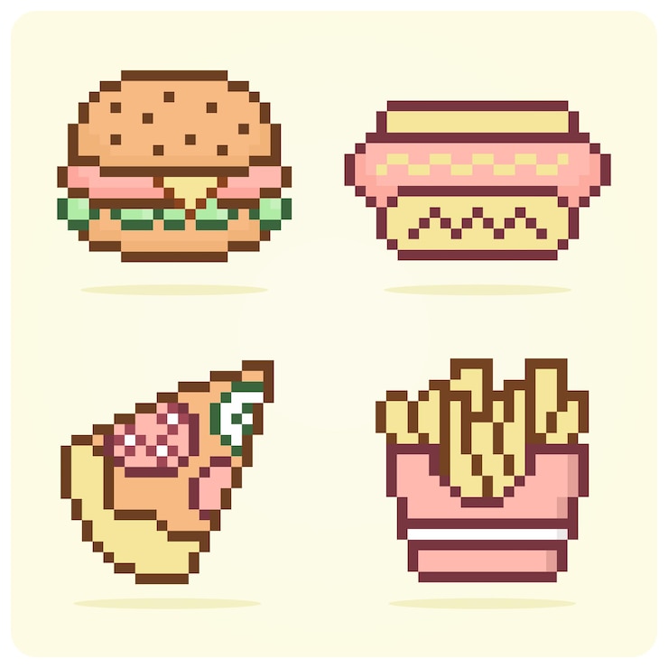 Vetor pixel de 8 bits pronto para comer comida hambúrguer cachorro-quente pizza e batata em ilustração vetorial