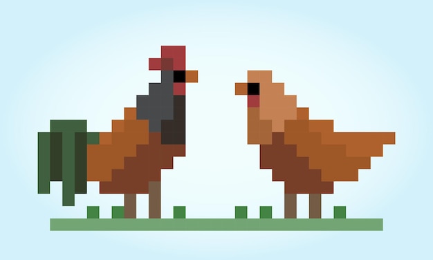 Pixel de 8 bits um galo e animais fêmeas para recursos do jogo e pontos cruzados em ilustrações vetoriais