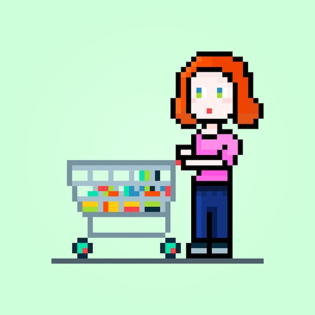 Pixel feminino shopping logotipo de supermercado arte retrô