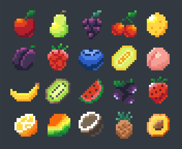 Vetor pixel frutas ativo de sprite de jogo 2d dos desenhos animados com maçã banana manga cítrico abacaxi cereja 8 bits coleção de sinais de frutas para desenvolvimento de jogos conjunto de vetores