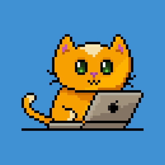 Pixel gato fofo no laptop laranja gatinho, Vetor Premium