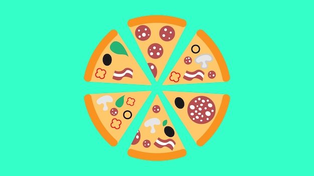 Vetor pizza com coberturas em uma ilustração vetorial de fundo azul muita fatia de pizza com diferentes