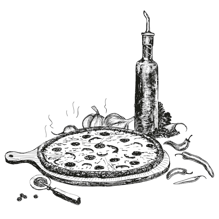 Vetor pizza com garrafa de desenho de óleo de alho