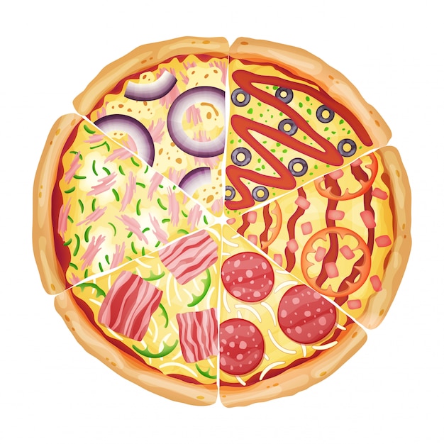 Pizza da vista superior das fatias diferentes isolada na ilustração foto-realística branca do vetor.