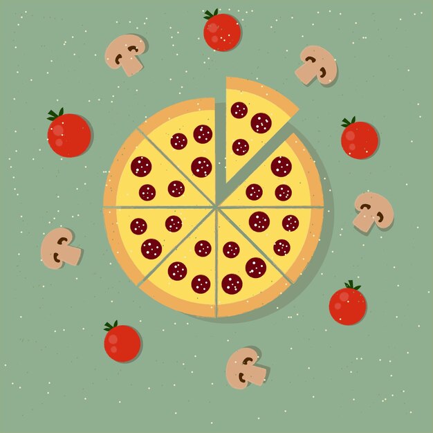 Pizza de pepperoni com cogumelos e tomate em estilo retro. ilustração plana