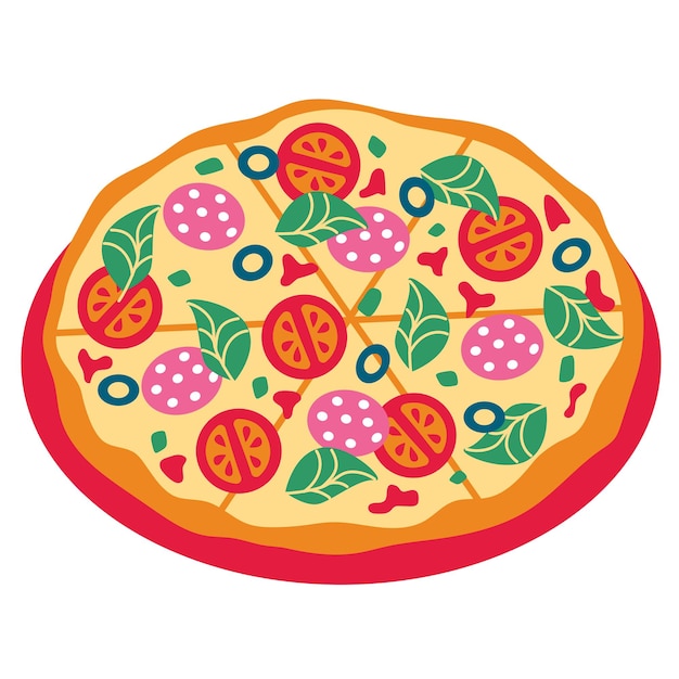 Vetor pizza de pepperoni com salame, tomate e manjericão. ilustração vetorial de comida para entrega ou receitas