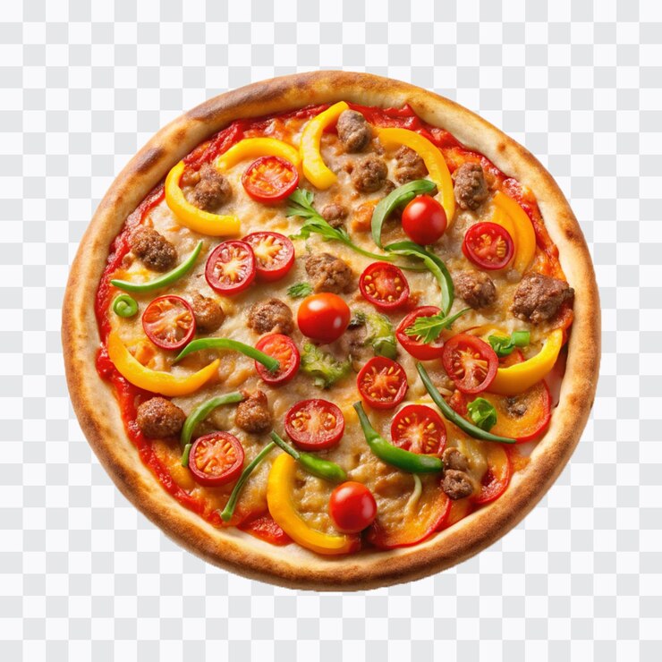 Vetor pizza deliciosa com presunto e fatias de bacon mozzarella cubos de tomate png design