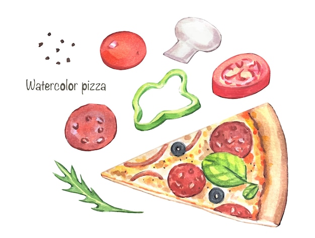 Pizza desenhada à mão e ilustração em aquarela de ingredientes